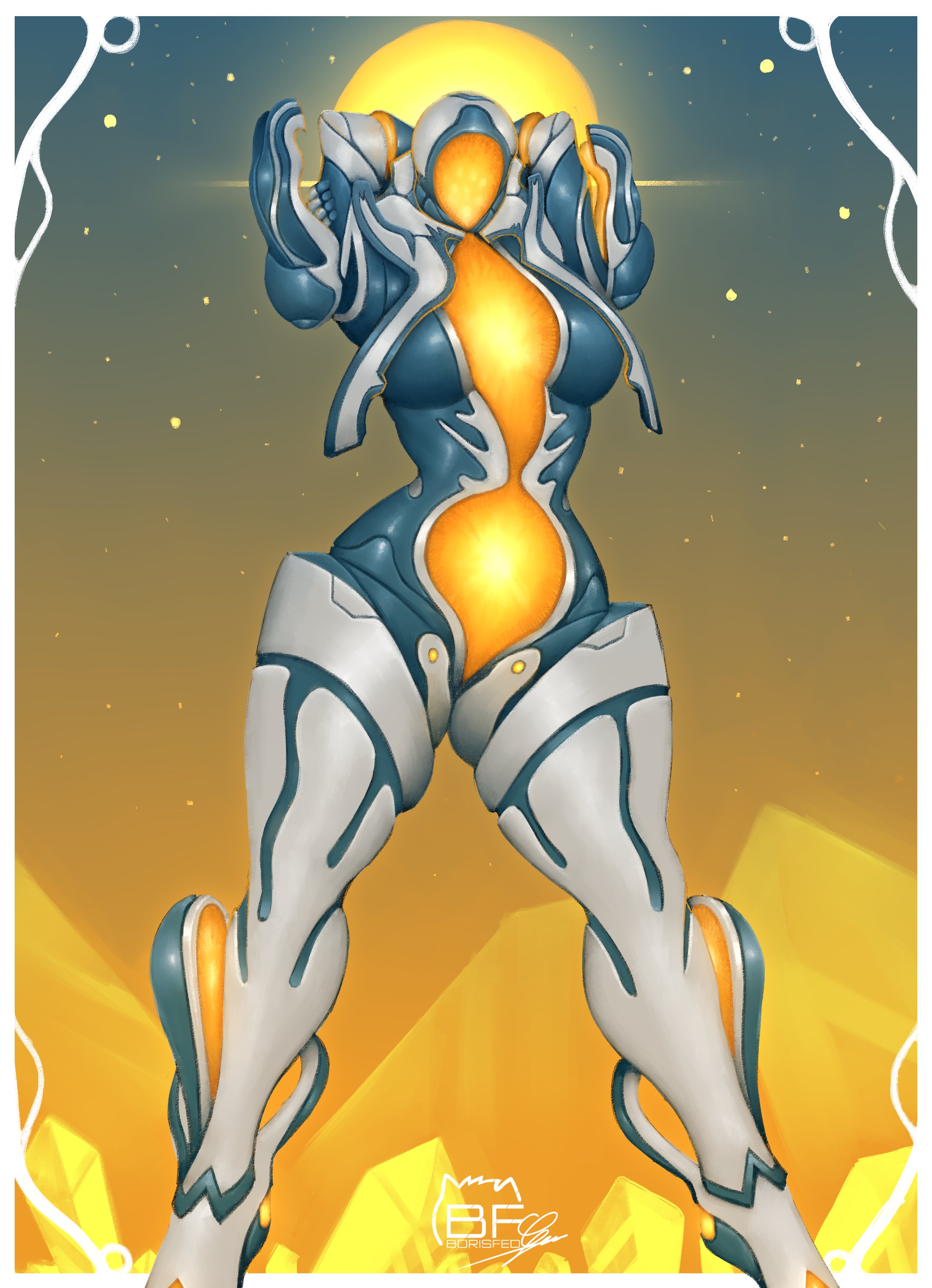 1girls, 2d, alien, alien girl, arms behind head, artist name, artist signature, background, biomechanical, borisfed, breasts, citrine (warframe), color, digital media (artwork), featureless breasts, featureless face, female, female only, humanoid, low-angle view, mechanical, no eyes, no face, no mouth, pose, posing, solo, solo female, standing, warframe