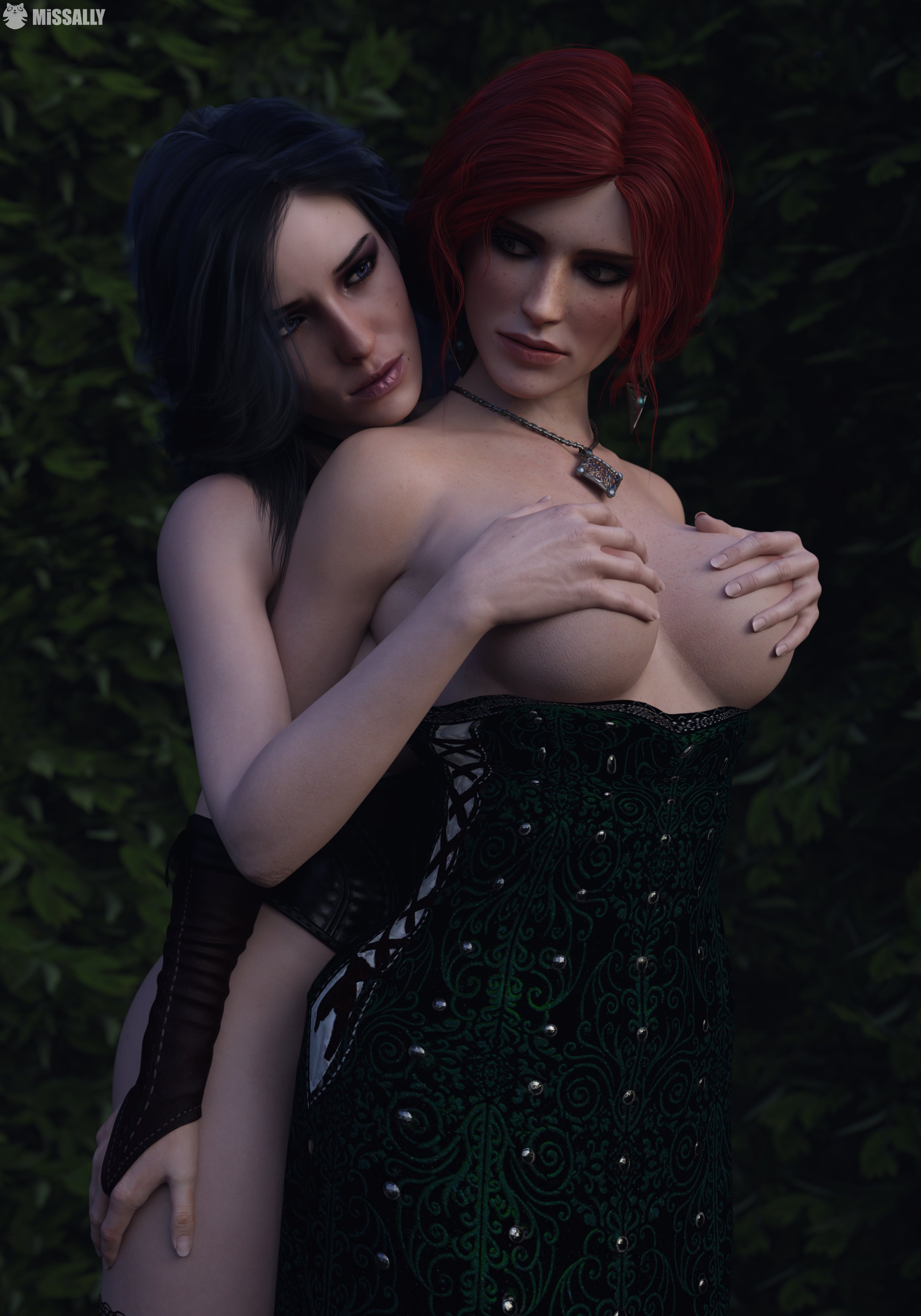 2girls, 3d, ass, black hair, breast grab, breasts, cd projekt red, corset, female, female only, freckles, freckles on face, green dress, light skin, light-skinned female, mascara, missally, necklace, nipples covered, purple eyes, red hair, the witcher (series), the witcher 3: wild hunt, triss merigold, yennefer, yuri