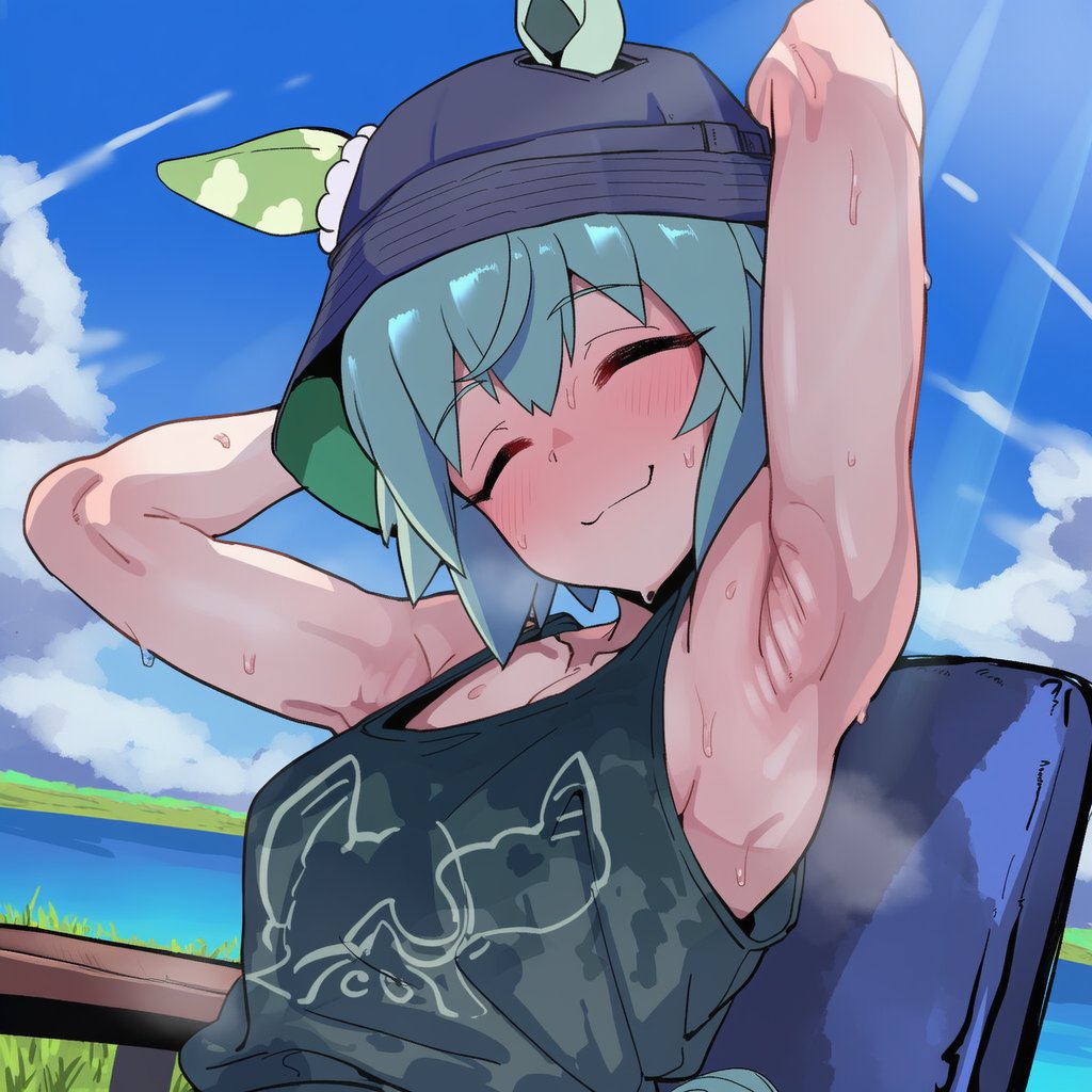 1girls, 2d, ai generated, alternate costume, animal ears, armpit fetish, armpits, arms behind head, arms up, black tank top, blue sky, blush, breasts, chair, closed eyes, closed mouth, cloud, day, ears through headwear, female, female only, green hair, hat, horse ears, horse girl, horse tail, outdoors, seiun sky (umamusume), short hair, sitting, sky, sloppingslurpie, small breasts, smile, solo, solo female, steam, sweat, sweatdrop, tail, tank top, umamusume, umamusume pretty derby, upper body