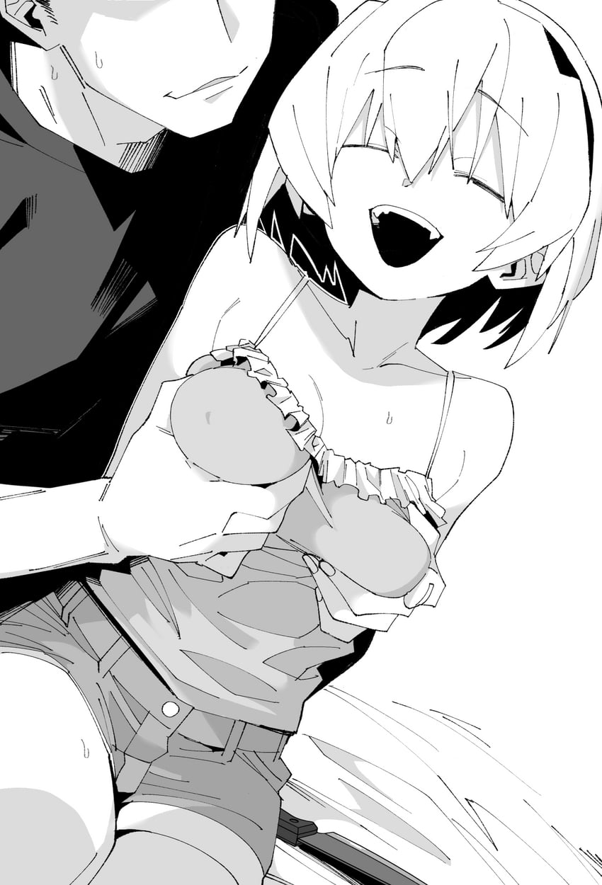 1boy, 1girl, black mouth, breasts, camisole, closed eyes, closed eyes smile, collarbone, commentary request, covered nipples, grabbing another's breast, greyscale, groping, henyaan (oreizm), highres, higurashi no naku koro ni, houjou satoko, knife, medium breasts, monochrome, open mouth, short hair, shorts, simple background, sitting, smile, sweat, teeth, thighs, upper teeth only, white background