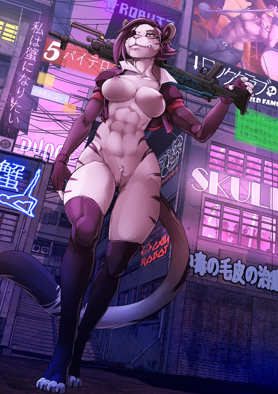 abs animal_ears anthro anthro_only athletic athletic_female black_hair bottomless digital_media_(artwork) eye_patch feline female functionally_nude gun hourglass_figure jacket markings nilani_(pocket-sand) open_clothes open_jacket open_shirt original_character pubic_hair short_hair solo stockings thick_thighs tiger twinkle-sez walking weapon white_fur wide_hips