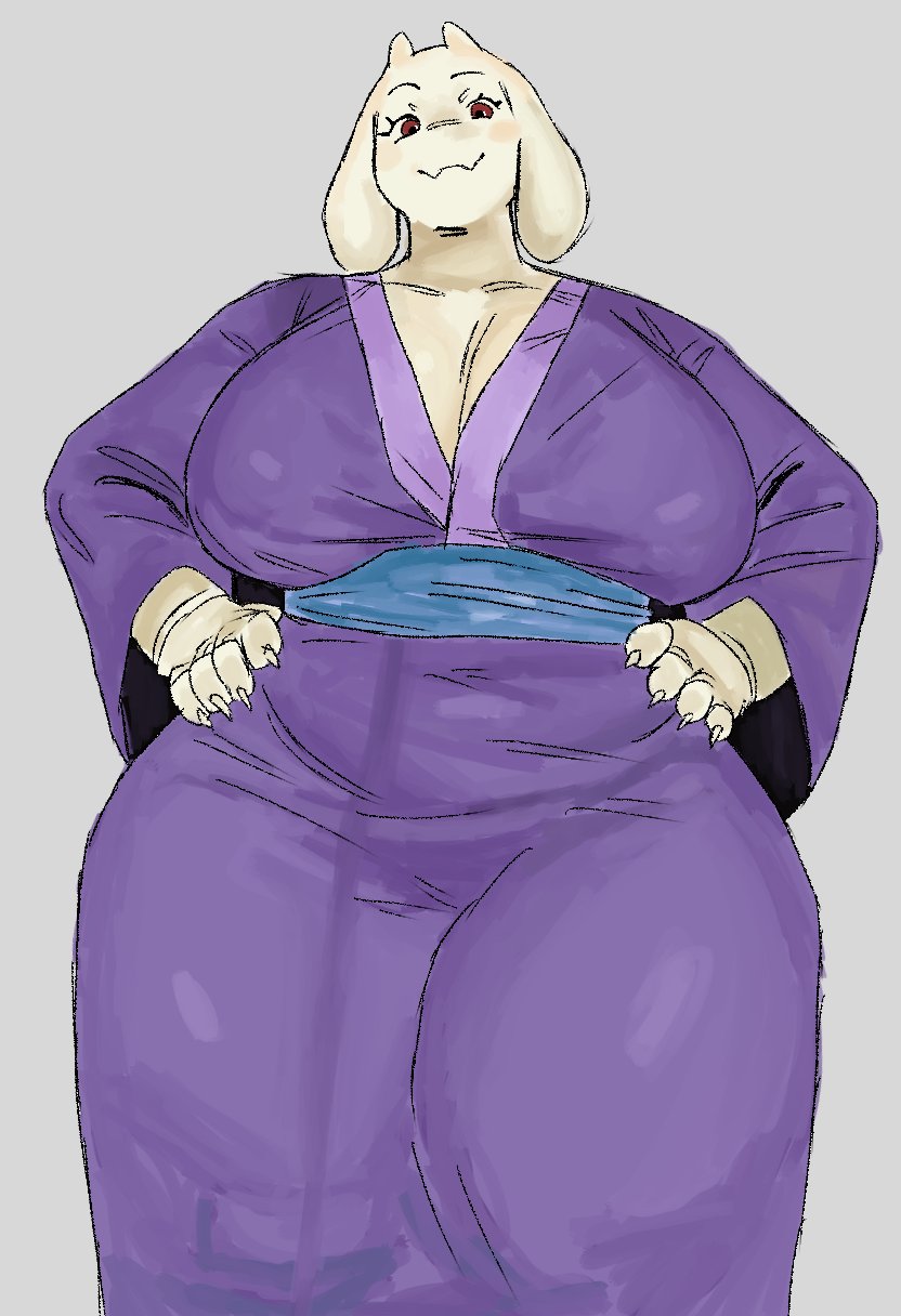 big breasts, big ears, big hips, breasts, curvy, curvy figure, deltarune, deltarune tomorrow, dumbwitchyy, female, furry, furry female, goat, goat girl, hand on hip, hips, kimono, looking at viewer, looking down, red eyes, solo, taller female, toriel, toriel (deltarune), voluptuous, voluptuous female, yukata