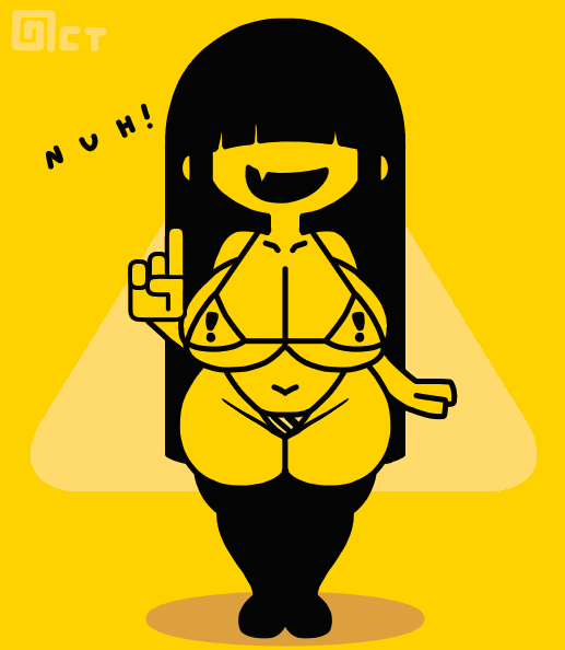 1girls, animated, bikini, black hair, breasts, caution sign, fang, female only, gif, hair over eyes, hime cut, huge breasts, long hair, micro bikini, navel, octotron2000, plump, self upload, shortstack, skin fang, smug, solo, solo female, text, thick thighs, thighhighs, wagging finger, warning sign, warning sign person, wide hips