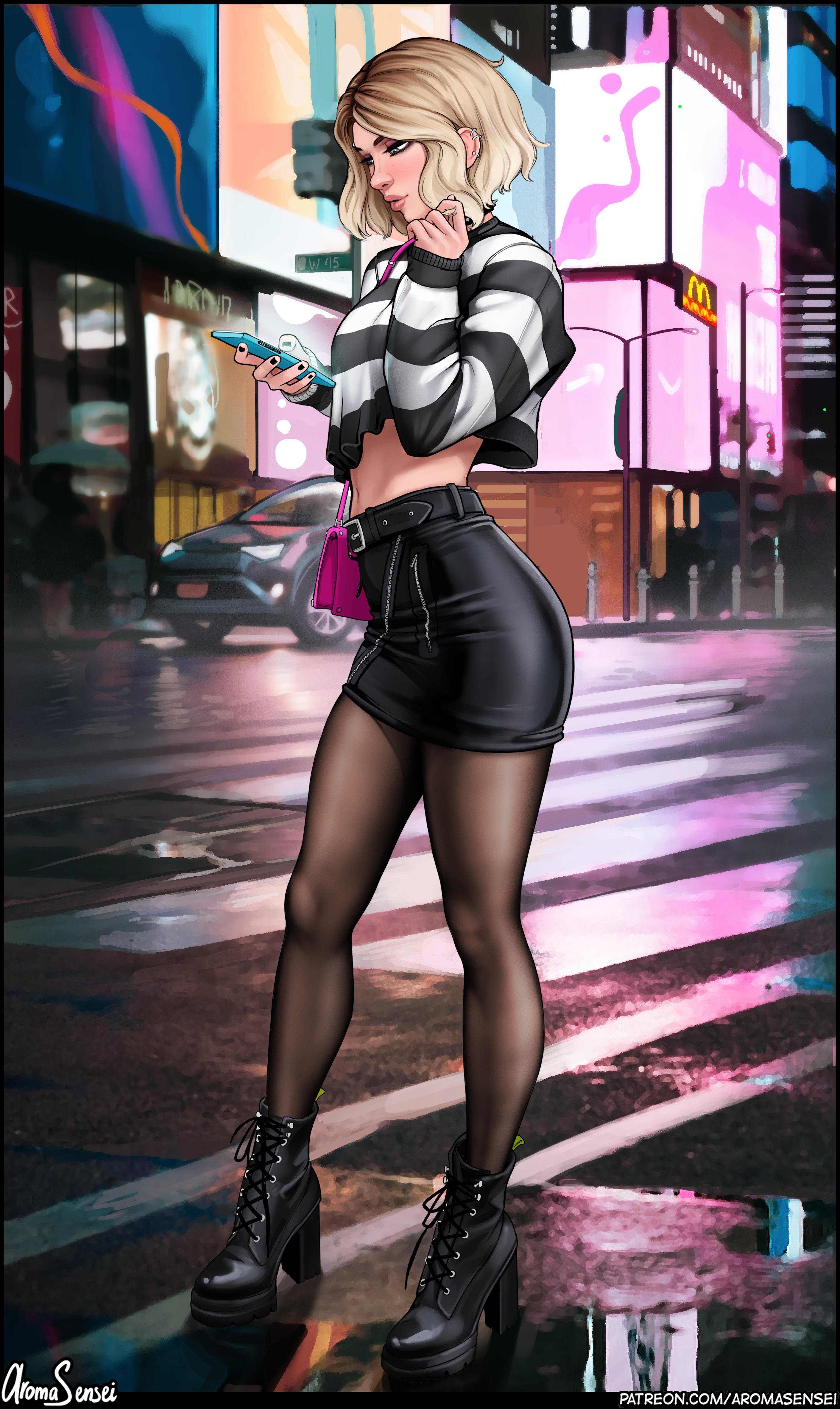 1girls, 2021, aroma sensei, belt, black skirt, blonde hair, boots, car, choker, cropped shirt, dressing, eyebrow piercing, female, gwen stacy, high resolution, highres, hourglass figure, legs, marvel, marvel comics, pantyhose, pencil skirt, piercing, punk, skirt, solo, spider-gwen, spider-man (series), spider-man: into the spider-verse, streetwear, stripes, thighs, tight skirt, tights, voluptuous