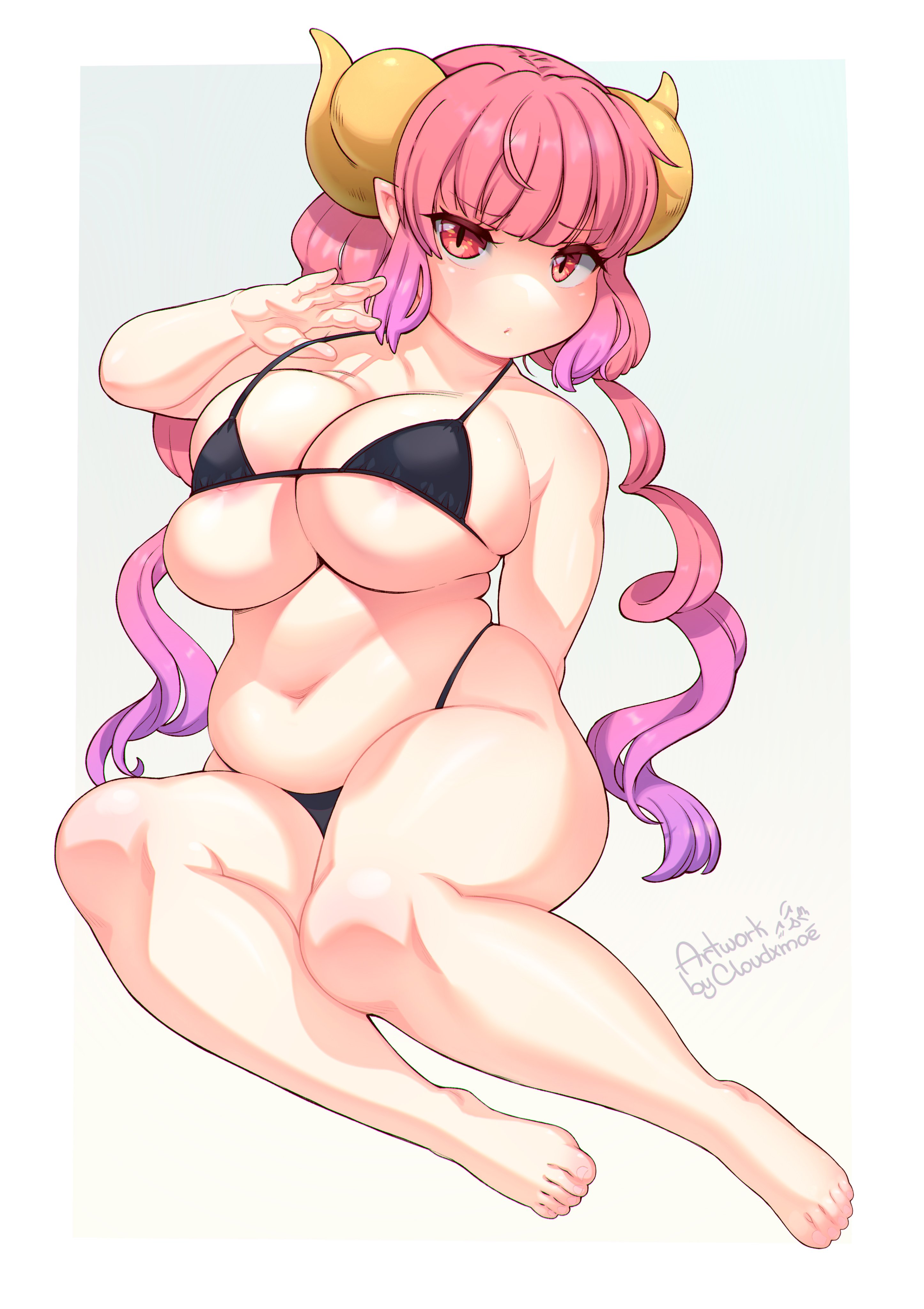 1girls, artist name, barefoot, big breasts, bikini, blush, blushing, breasts, chubby, chubby belly, chubby female, cloudxmoe, dragon girl, dragon horns, eyebrows, eyebrows visible through hair, female, female only, hands behind back, horns, humanoid, ilulu (dragon maid), light skin, light-skinned female, looking at viewer, micro bikini, miss kobayashi's dragon maid, navel, nipple slip, nipples, pink hair, purple hair, red eyes, slightly chubby, thick eyelashes, thick thighs, thighs, tight clothing, twintails, two-tone hair