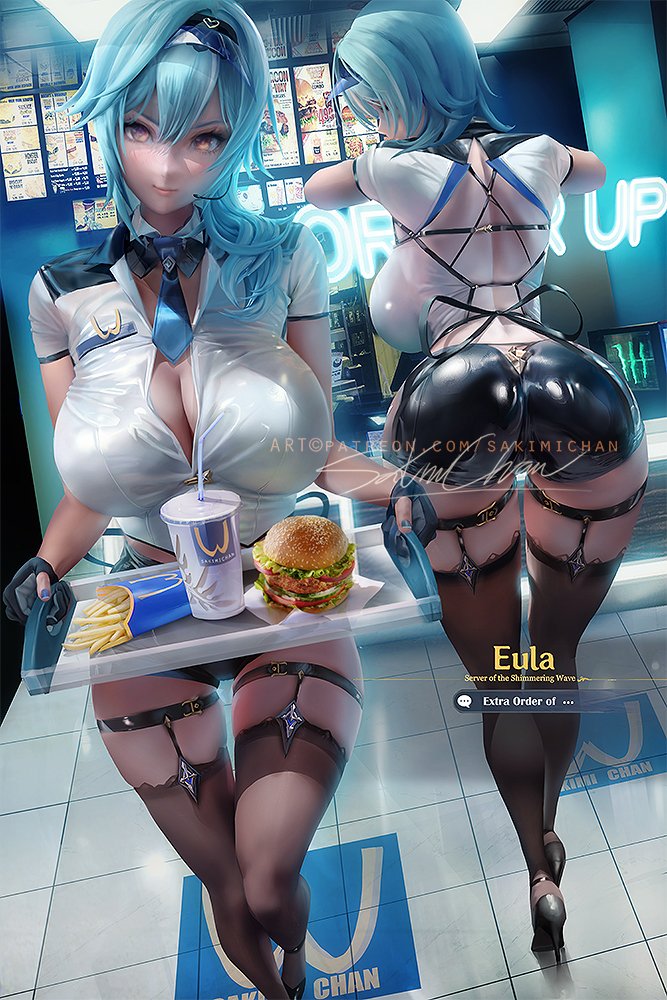 1girls, ass, big ass, eula (genshin impact), female, female only, genshin impact, looking at viewer, looking back, sakimichan, thick thighs, thighhighs, wide hips