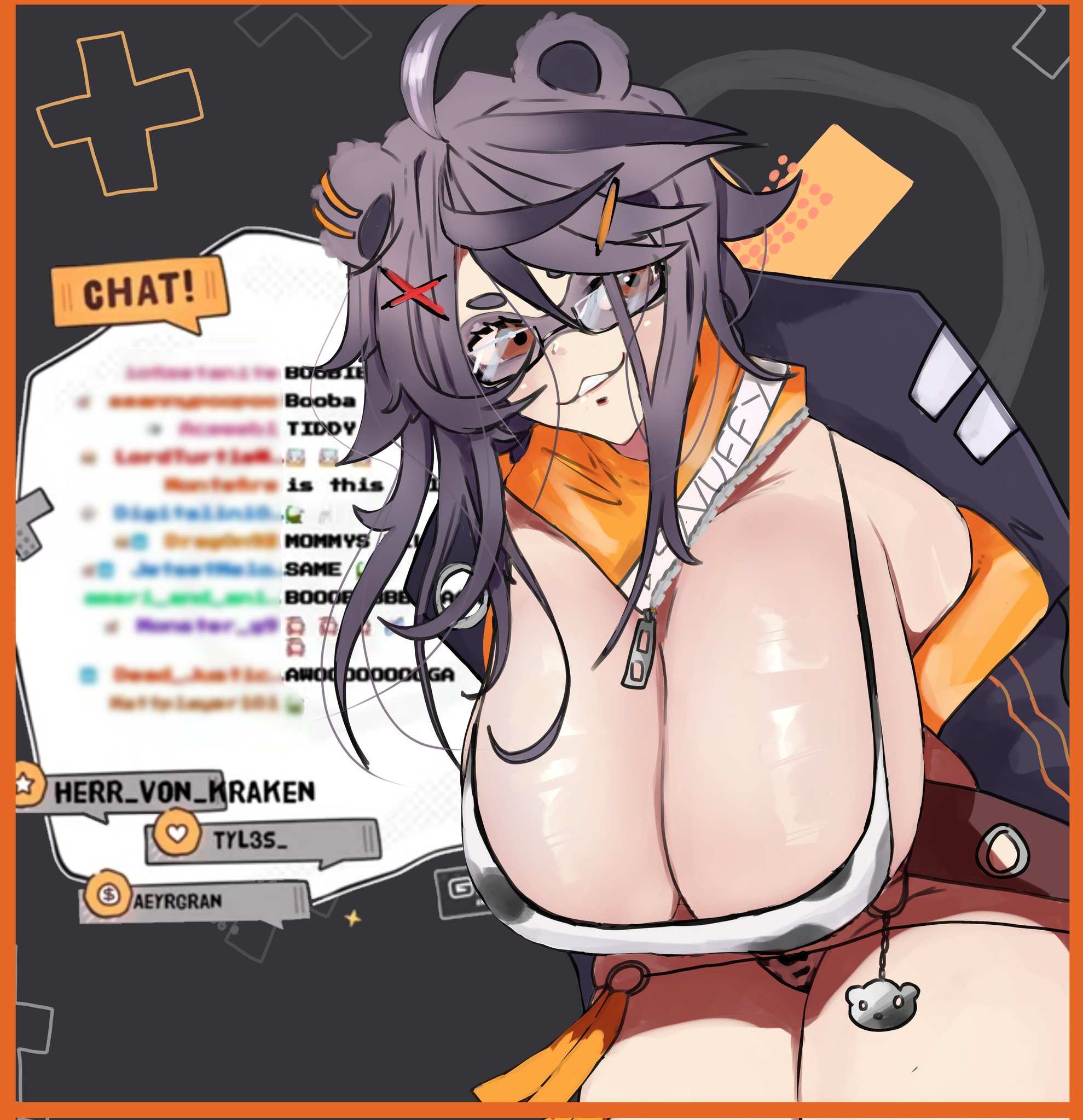 big breasts, breasts, busty, cow print, female, glasses, hanging breasts, huge breasts, indie virtual youtuber, leaning forward, meweeze, snuffy, virtual youtuber