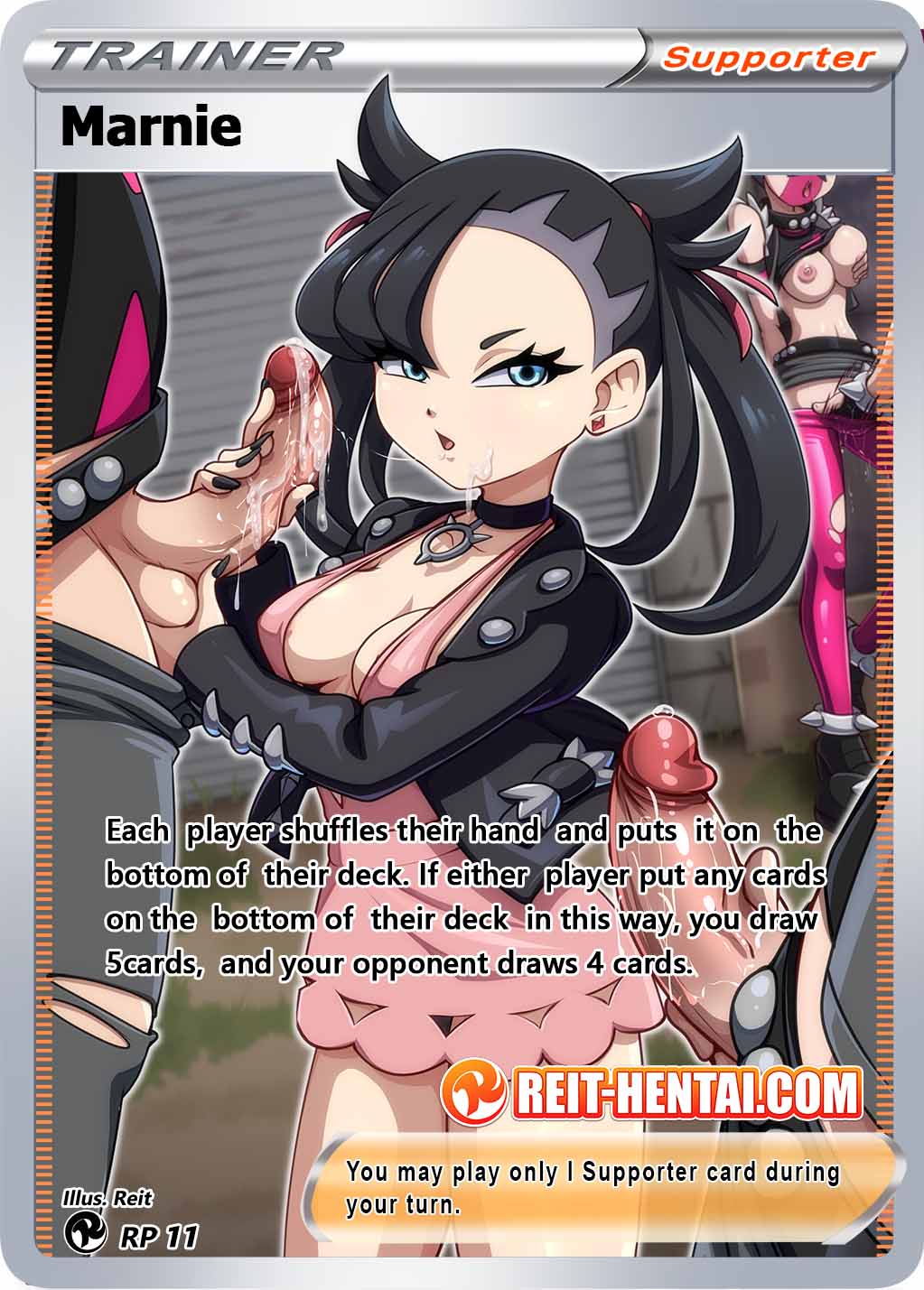 2girls 3boys after_fellatio black_hair black_nails blue_eyes card english female_team_yell_grunt handjob marnie_(pokemon) nail_polish nintendo pokemon pokemon_card pokemon_ss pokemon_trading_card_game reit tagme team_yell team_yell_grunt team_yell_grunt_(female) team_yell_grunt_(male)