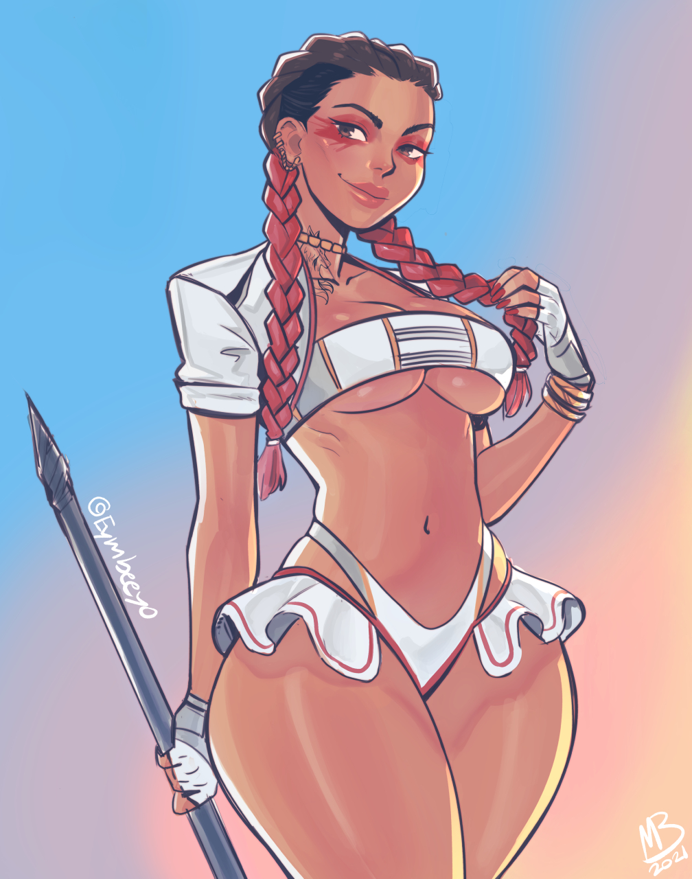 1girls 2d apex_legends big_breasts braided_twintails breasts brown_hair cleavage dark-skinned_female dark_skin earrings eymbee female female_only large_breasts loba_(apex_legends) red_hair skimpy smile solo tattoo two_tone_hair underboob weapon