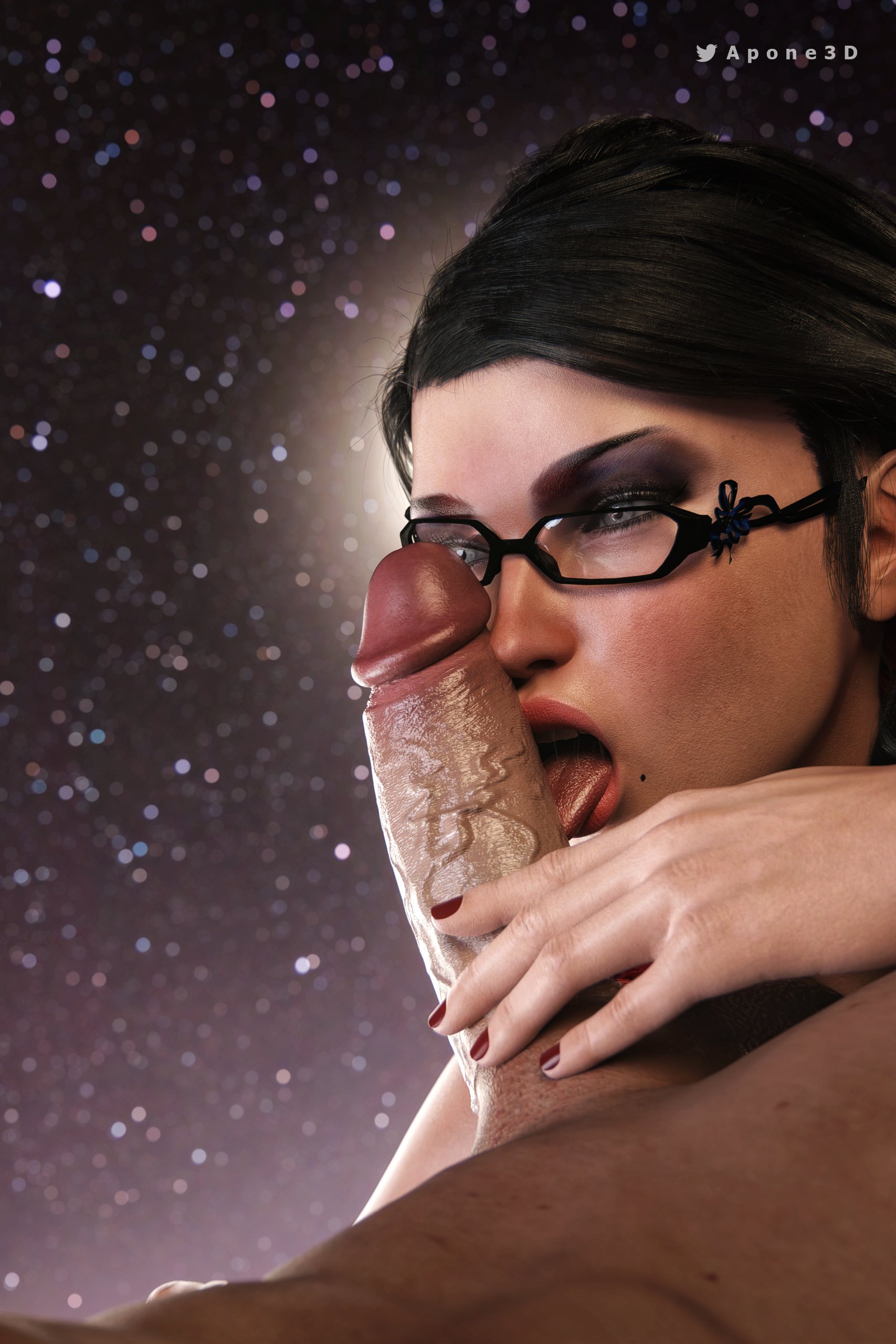 1boy, 1girls, 3d, apone3d, bayonetta, bayonetta (character), bayonetta 3, black hair, blue eyes, braided twintails, daz studio, excited, female, glasses, imminent deepthroat, licking, licking penis, light skin, light-skinned female, light-skinned male, looking at partner, looking pleasured, makeup, male, oral, penis, platinum games, pleasure face, seductive eyes, seductive mouth, twintails