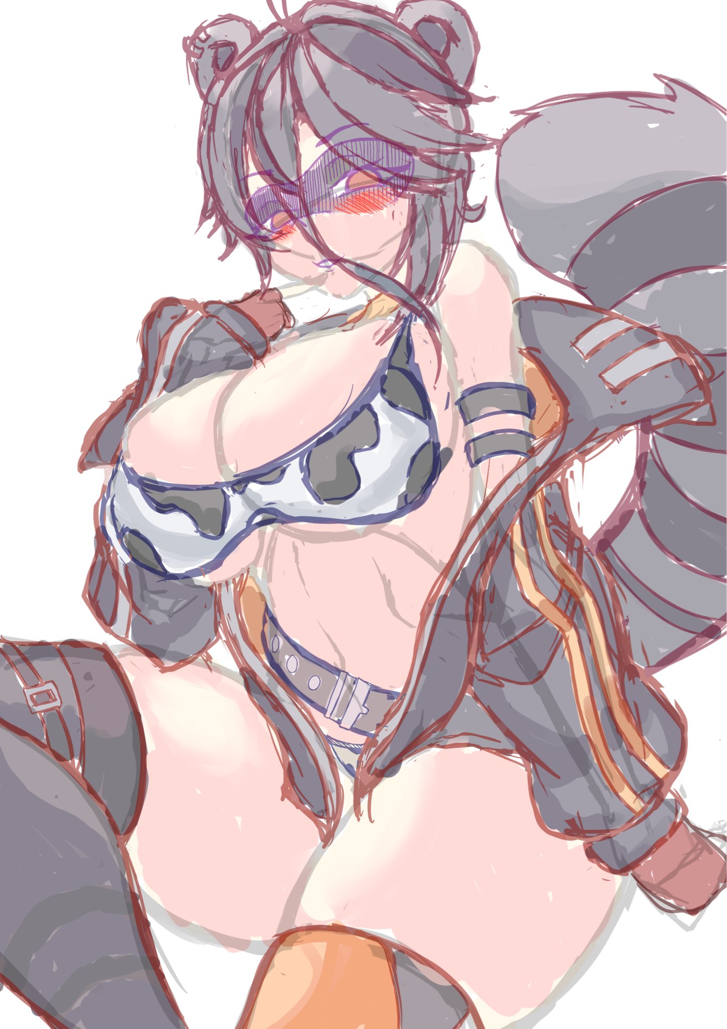 animal ears, big breasts, biting lip, breasts, busty, cow print, daisy dukes, female, huge breasts, indie virtual youtuber, slayertot, snuffy, thick thighs, virtual youtuber, wip