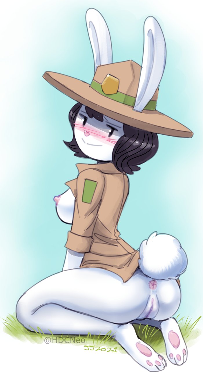 2021 anthro anus ass black_hair blush bottomless breasts brown_clothing brown_shirt brown_topwear clothed clothing elinor_wonders_why female female_only genitals hair hat headgear headwear hi_res john_joseco kneeling lagomorph leporid looking_at_viewer looking_back looking_back_at_viewer mammal nipples open_clothing open_shirt open_topwear park_ranger pbs_kids_(copyright) pinup pose pussy rabbit ranger_hat ranger_rabbit rear_view scut_tail shirt solo topwear