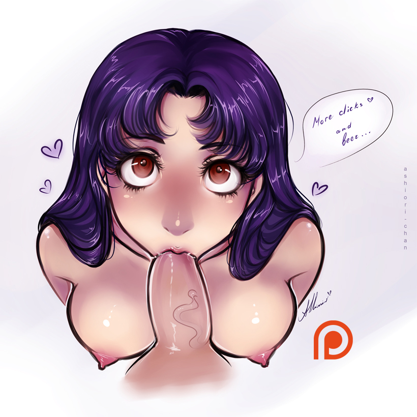 breasts, fellatio, female, large breasts, looking at viewer, misato katsuragi, neon genesis evangelion, nipples, oral, tagme, text, white background