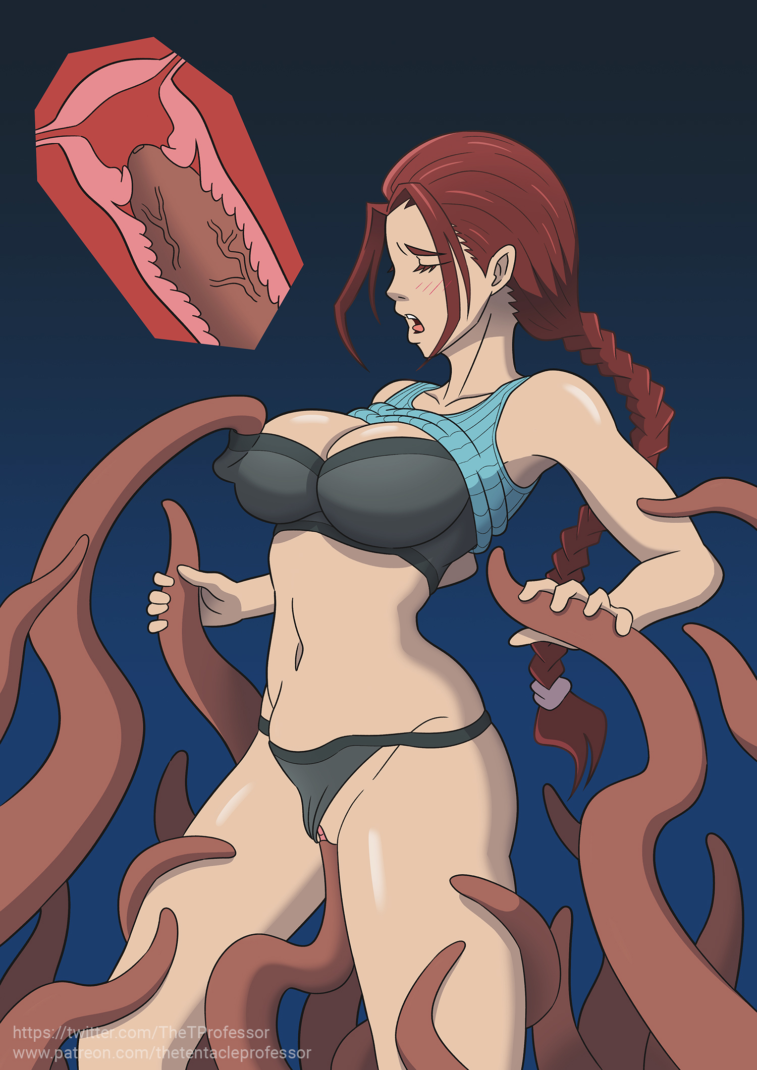 bra, breasts, cervical penetration, clothed sex, female, lara croft, lara croft (classic), panties, pussy, sports bra, sportswear, stomach bulge, tentacle, tentacle rape, tentacle sex, the tentacle professor, tomb raider, tomb raider (classic), x-ray