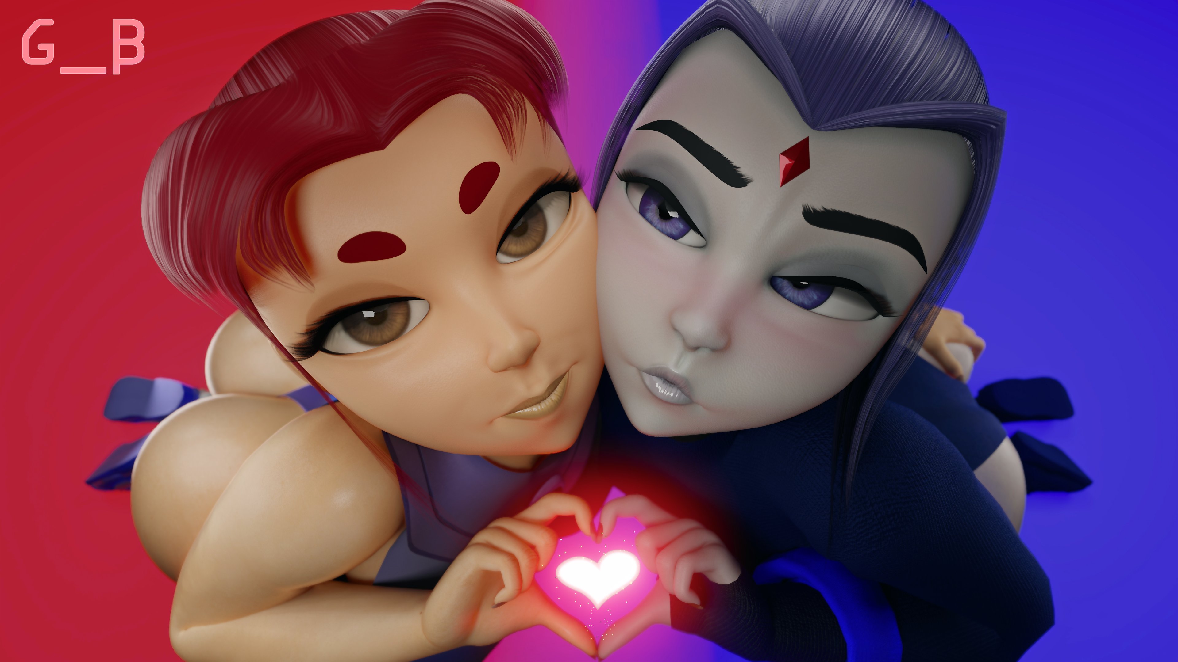 2girls, 3d, ass, ass grab, blender, bubble ass, bubble butt, cheek to cheek, dc, dc comics, female, forehead jewel, generalbutch, grey skin, heart, huge ass, looking at viewer, offscreen character, orange hair, orange skin, purple eyes, purple hair, rachel roth, raven (dc), red hair, starfire, tamaranean, teen titans, thick thighs, wide hips