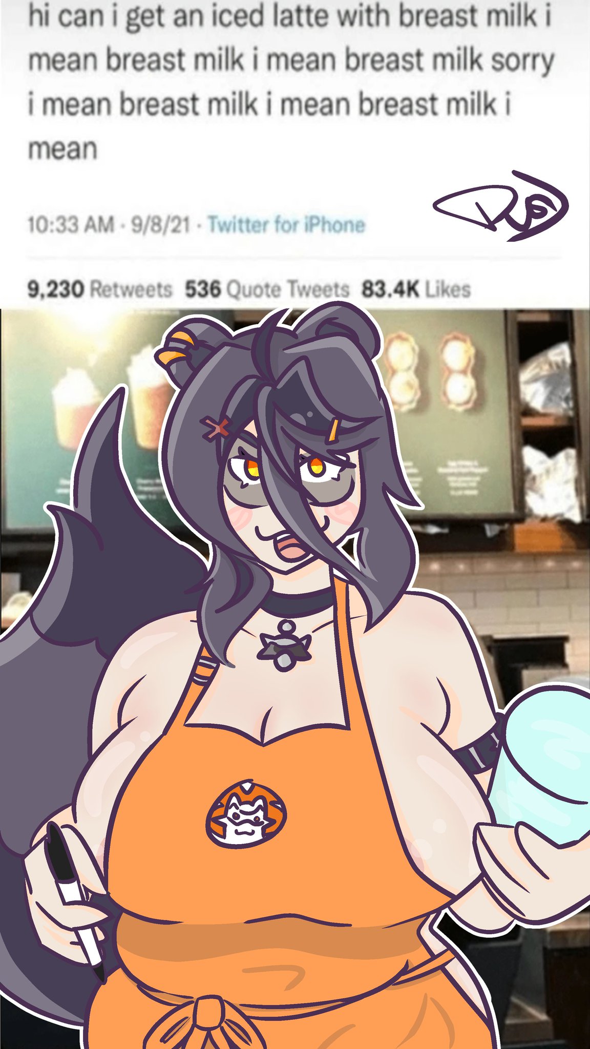 apron, apron only, breasts, busty, damdern, female, huge breasts, iced latte with breast milk, indie virtual youtuber, meme, snuffy, virtual youtuber