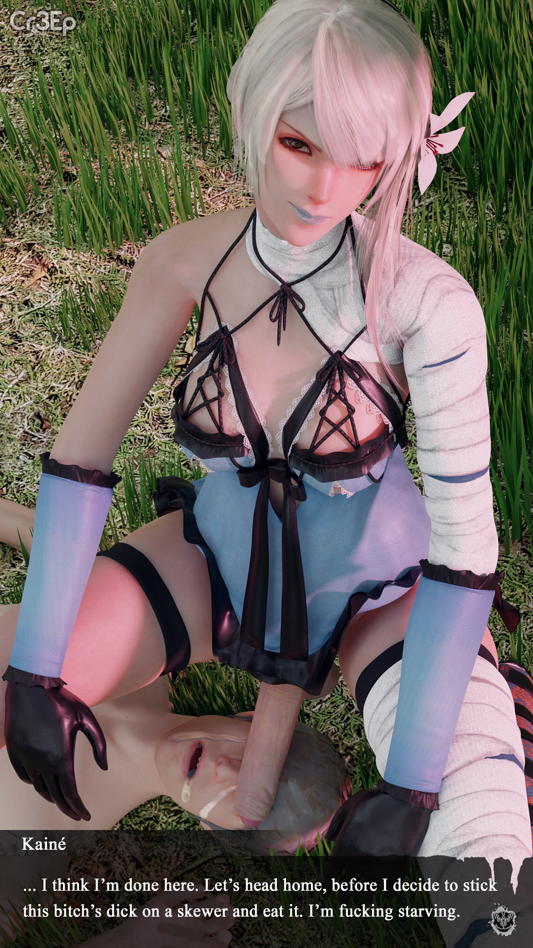 1boy, 1futa, 3d, balls, balls under clothes, blender, bottomless skirt, cr3epsfm, cum, cum drip, erection, erection under clothes, erection under skirt, futa on male, futadom, futanari, intersex, kaine (nier), male, malesub, nier, nier replicant, penis, penis out, penis under clothes, penis under skirt, skirt