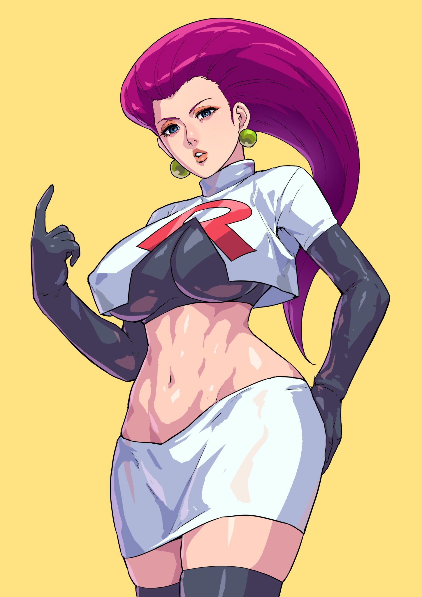 1girls, alternate breast size, alternate version available, big breasts, blue eyes, breasts, cirenk, crop top, earrings, elbow gloves, eyeshadow, female, female only, huge breasts, jessie (pokemon), large breasts, long hair, looking at viewer, midriff, navel, nintendo, nipples visible through clothing, pencil skirt, pokemon, purple hair, skirt, solo, team rocket, thighhighs, tight clothing, toned, toned stomach, voluptuous, wide hips
