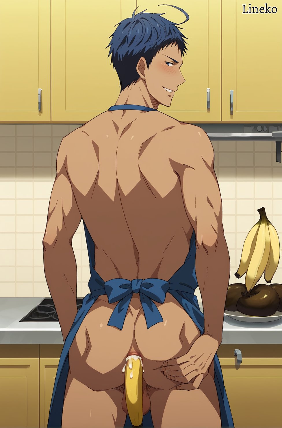 ai_generated anus aomine_daiki ass asshole banana banana_in_ass blue_eyes bottom_aomine bow gay_male kitchen kuroko's_basketball kuroko_no_basuke masturbation muscles power_bottom short_hair tan_skin