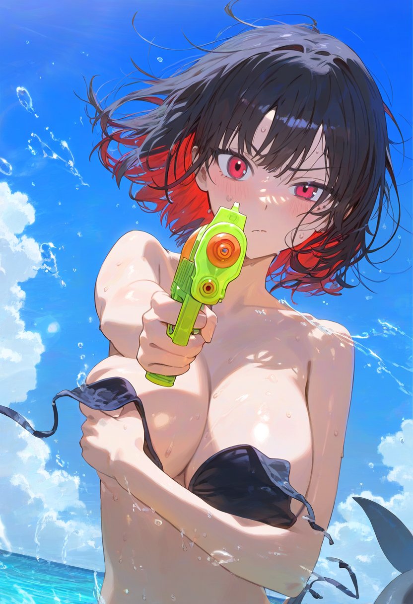 ai_generated aiming bikini bikini_top black_hair breasts busty covering_breasts ellen_joe large_breasts looking_at_viewer monster_girl pointing_at_viewer red_eyes shark shark_girl shark_humanoid short_hair untied_bikini wardrobe_malfunction water_pistol zenless_zone_zero