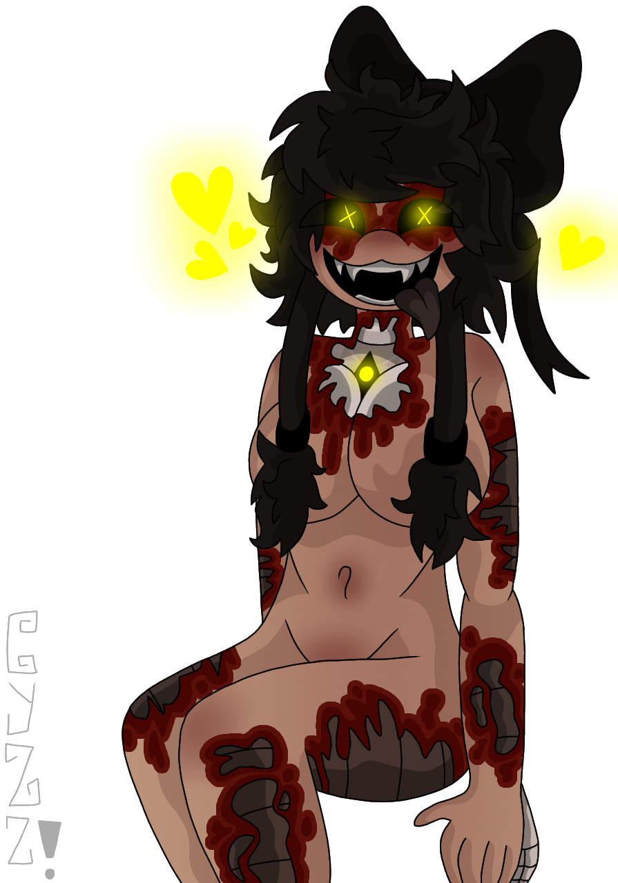 bad_anatomy black_hair black_screen_on_face blood blush breasts corpse cyntessa_(murder_drones) cyzzaer dark dead_female fangs_showing hair_covering_nipples hair_ribbon happy_expression murder_drones naked one_female one_female_robot robot_wearing_human_skin robotic_parts_showing scary short_hair sitting smiling_at_viewer staring_at_viewer tessa_elliot tessa_elliot_possesed_by_cyn tongue_out yellow_glowing_eyes yellow_glowing_hearts yellow_glowing_x_eyes