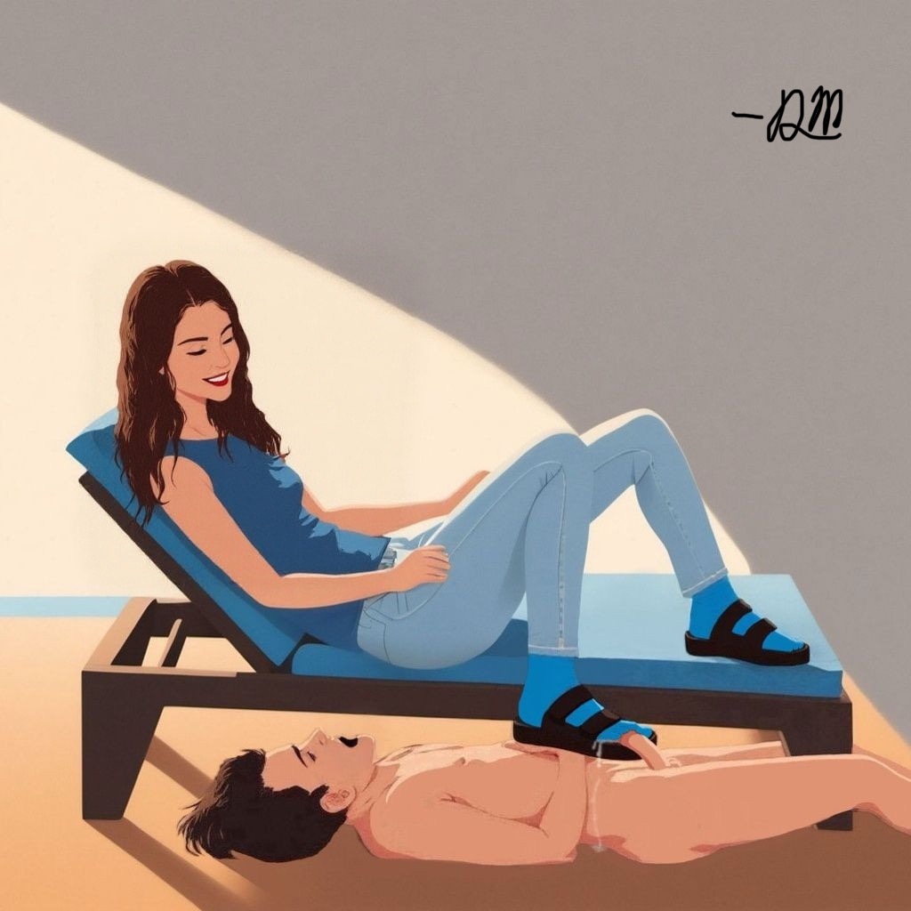 1boy1girl ai_assisted big_feet black_sandals blue_socks brown_hair clothed_female clothed_female_nude_male cum cum_in_shoe dripping_cum ejaculation femdom footjob footjob_with_legwear footjob_with_one_foot lounge_chair naked_male sandaljob sandals shoejob sitting_footjob sitting_shoejob sockjob socks socks_and_sandals socks_and_shoes straight