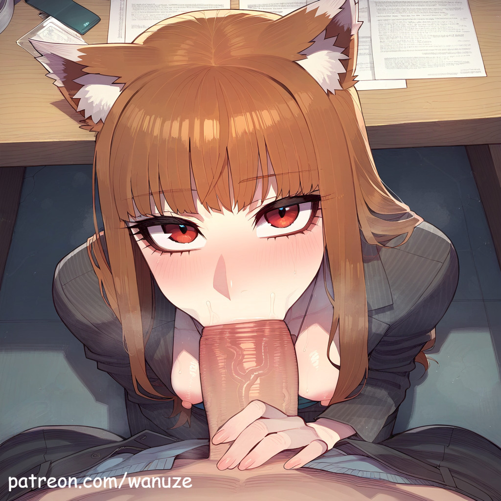 ai_generated animal_ears bald big_ass big_balls big_butt big_penis big_thighs blowbang blowjob blowjob_face blush brown_hair faceless_male fellatio holo holo_(spice_and_wolf) huge_ass huge_balls huge_butt huge_cock huge_cock huge_thighs kneeling light-skinned_male light_skin medium_breasts muscular muscular_male office office_lady oral pov red_eyes small_breasts spice_and_wolf under_the_table vest wanuze wide_hips