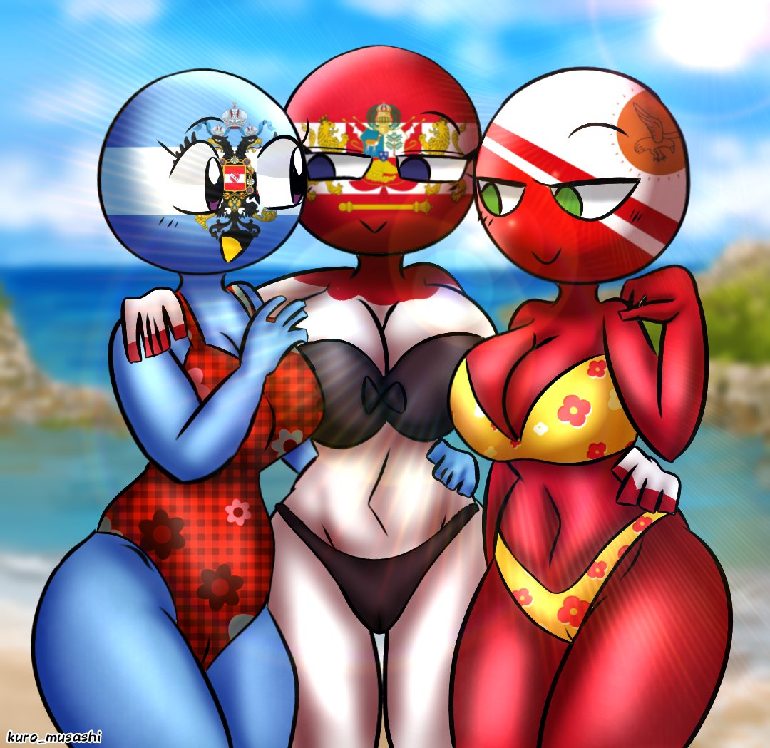 2d 2d_(artwork) 3girls artist_name artist_request background beach beach_background bikini black_bikini black_eyes blue_body blue_eyes body_modification countryhumans countryhumans_girl countryhumans_oc female female_only flazil flower_bikini green_eyes happy happy_female humanoid imperio_argentino kuro_musashi lol official_art peruanita_imperial red_bikini red_body request sunlight yellow_bikini