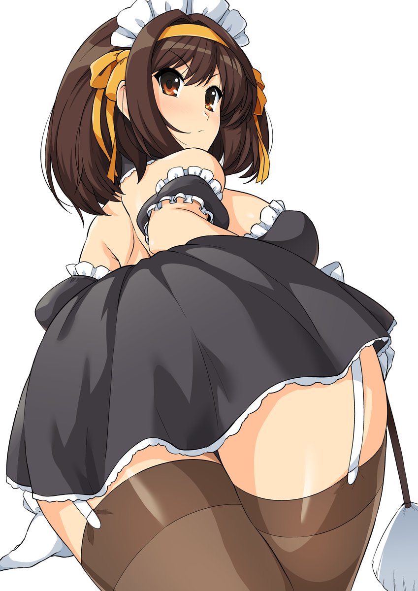 1girls, ass, ass focus, breasts, clothing, female, haruhisky, large breasts, maid, skirt, solo, stockings, suzumiya haruhi, suzumiya haruhi no yuuutsu, tagme, thighhighs