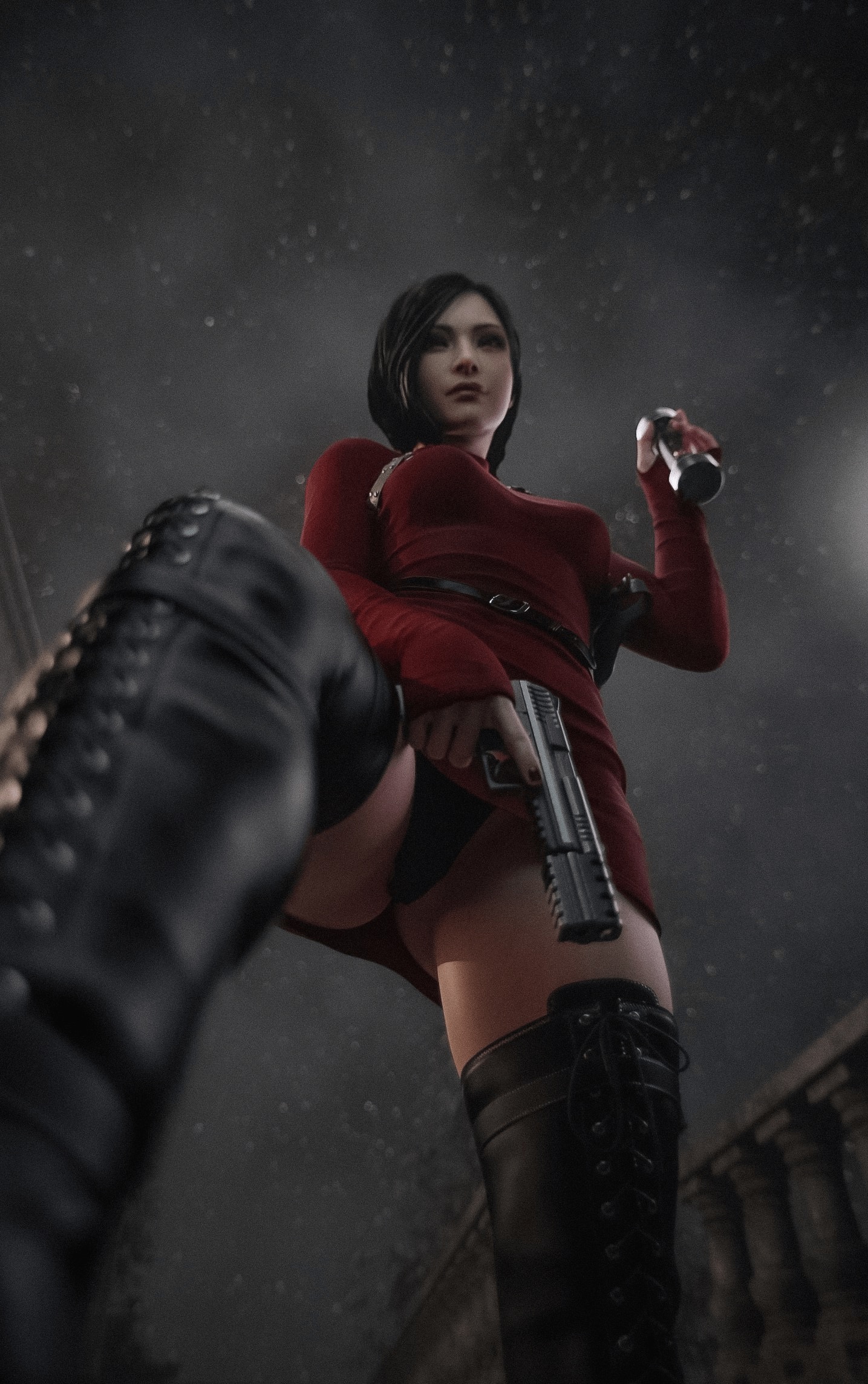 1girls, 34cult, 3d, ada wong, ada wong (adriana), asian, asian female, black thong, boots, female, female only, handgun, holding gun, holding weapon, resident evil, resident evil 4, resident evil 4 remake, solo, thigh high boots, thong, upskirt, upskirt view