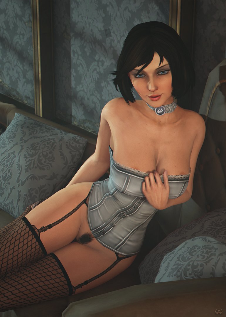 3d big_breasts bioshock bioshock_infinite blue_eyes bottomless breasts brown_hair busty choker cleavage corset elizabeth_comstock female female_focus female_only fishnet_legwear fishnet_stockings fishnets garter_belt garter_straps hourglass_figure legwear pinup pinup_pose pubes pubic_hair pussy short_hair sofa solo stockings tagme vagina wide_hips wildynsfw