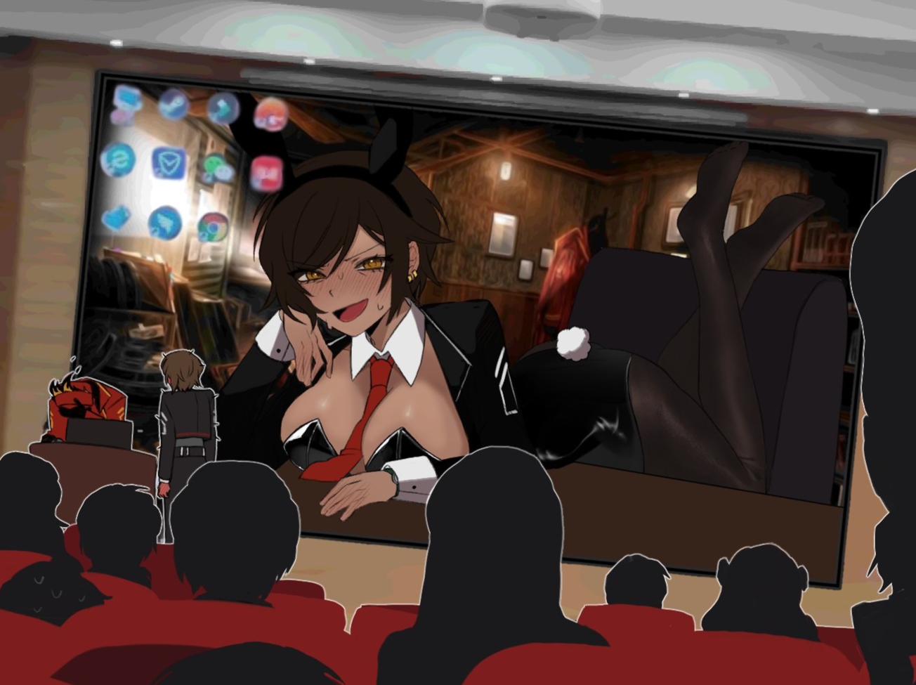 big screen, blush, breasts, bunny ears, bunny girl, bunny tail, bunnysuit, chair, dante (limbus company), dark skin, dark-skinned female, embarrassed, female, laptop, limbus company, meme, menodow390, multiple boys, multiple girls, outis (limbus company), project moon, shy, sweat, table, tomboy
