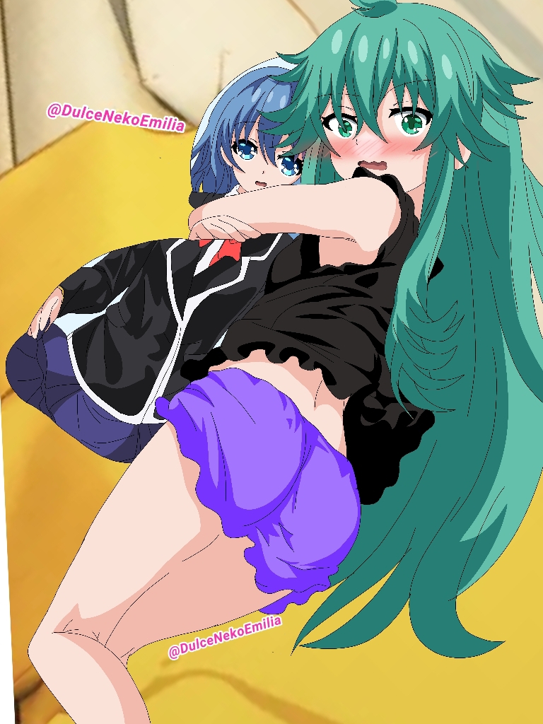 1girls 2d 2d_(artwork) ass bed blush breasts dakimakura date_a_live dulcenekoemilia embarrassed green_eyes green_hair himekawa_yoshino hugging hugging_pillow kyouno_natsumi light-skinned_female long_hair looking_at_viewer shirt shorts small_breasts thighs