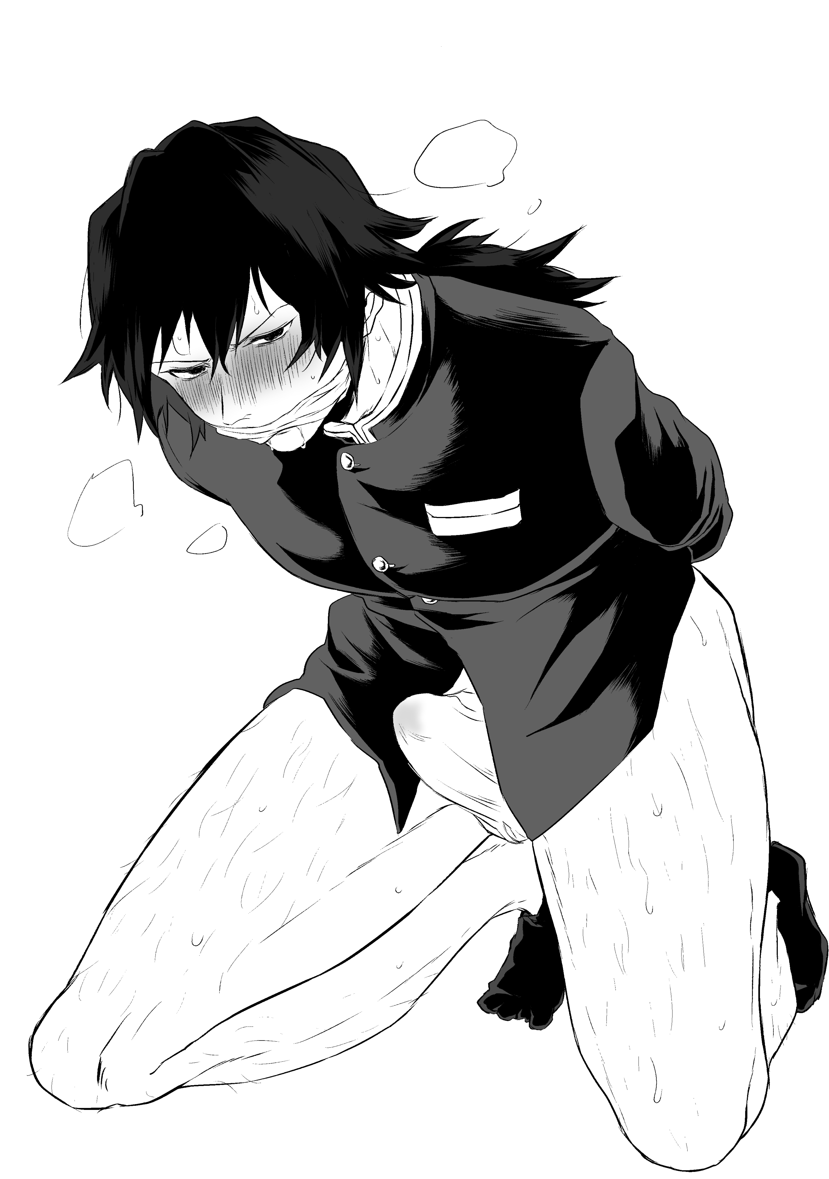 arms behind back, blush, body hair, bulge, demon slayer, erection, erection under clothes, fundoshi, gag, gagged, humiliation, kimetsu no yaiba, kneeling, looking at viewer, male, male only, malesub, monochrome, paripimama, ponytail, solo, tenting, tomioka giyuu