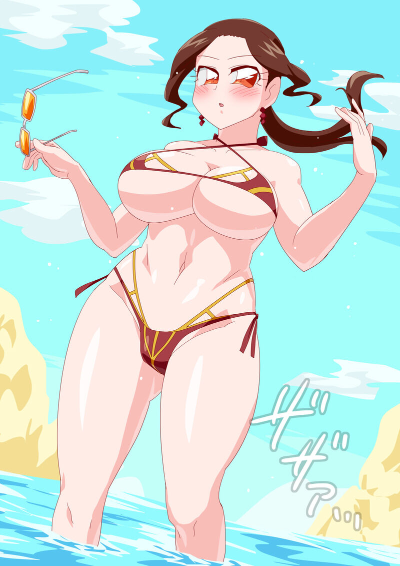 beach big_breasts bikini blush breasts brown_hair clothed day earrings female female_only glasses in_water kamen_rider kamen_rider_saber_(series) otokam1117 red_bikini sabella shindai_reika skimpy stomach swimsuit thighs toned_body water