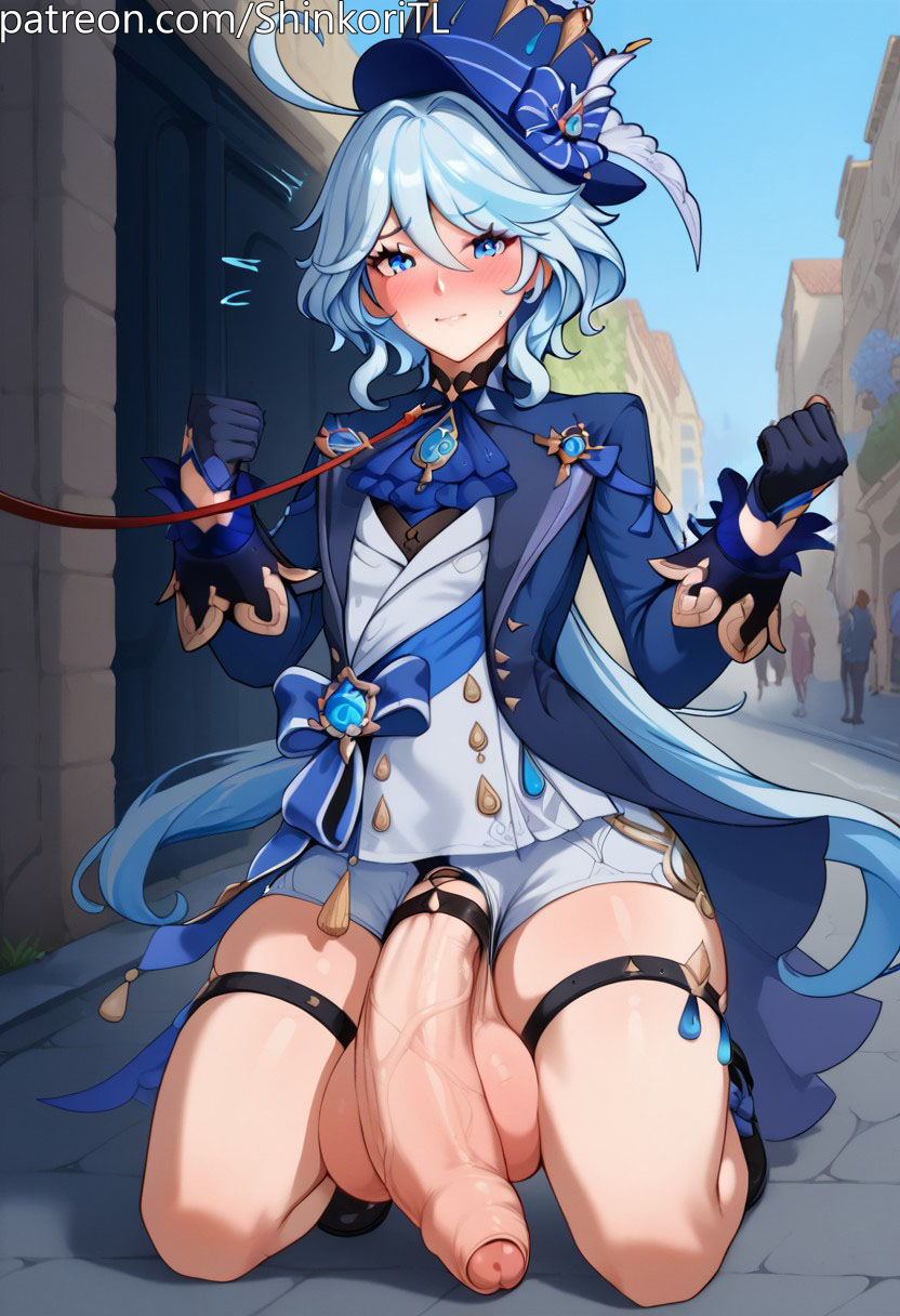 1futa 1futanari ahoge ai_generated big_ass big_balls big_butt big_nipples big_penis blue_eyes blue_hair blush boots breasts brooch choker cock_ring exhibitionism exposed_penis flaccid flaccid_penis flat_chest foreskin furina_(genshin_impact) futa_only futanari futanari genshin_impact gloves gradient_hair hair hair_between_eyes hat heterochromia hoyoverse huge_balls huge_cock huge_cock huge_nipples jacket jewelry large_penis leash motion_lines navel on_knees penis puffy_nipples red_leash shinkoritl short_hair shorts small_breasts solo solo_focus solo_futa street thigh_strap toned