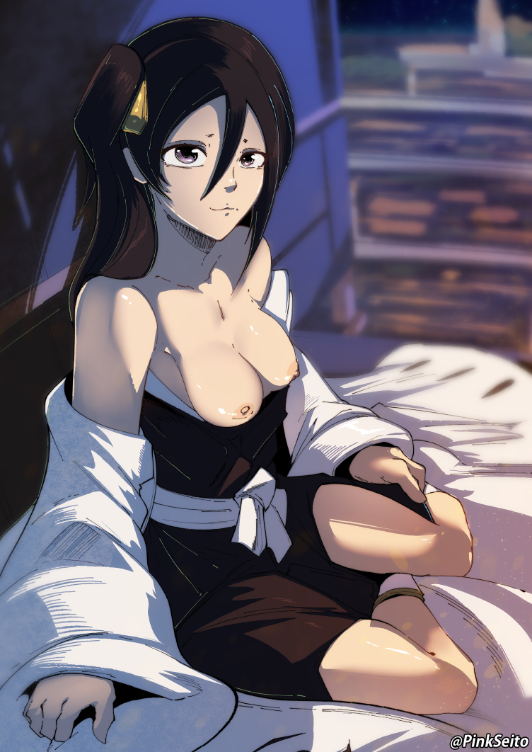 1girls, aged up, artist name, black hair, bleach, breasts, breasts out, clothed, clothed female, clothing, clothing pull, female, female only, hair between eyes, haori, indoors, kimono, kimono pull, kuchiki rukia, light skin, light-skinned female, long hair, looking at viewer, mature, mature female, milf, no bra, obi, open clothes, paipan, pale skin, pale-skinned female, perky breasts, petite, pinkseito, pinup, purple eyes, robe, sash, side ponytail, sitting, small breasts, smaller female, smile, solo, solo focus, text, tied hair, time skip, url, watermark, web address