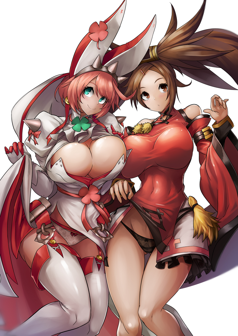 2girls arc_system_works breasts brown_eyes brown_hair chinese_clothes cleavage clothes_lift covered_navel dress elphelt_valentine gloves green_eyes guilty_gear guilty_gear_xrd kuradoberi_jam large_breasts legs lifting_own_clothes long_hair looking_at_viewer multiple_girls panties parted_lips pink_hair short_hair smile sowel_(sk3) thighs toned underwear very_long_hair wedding_dress