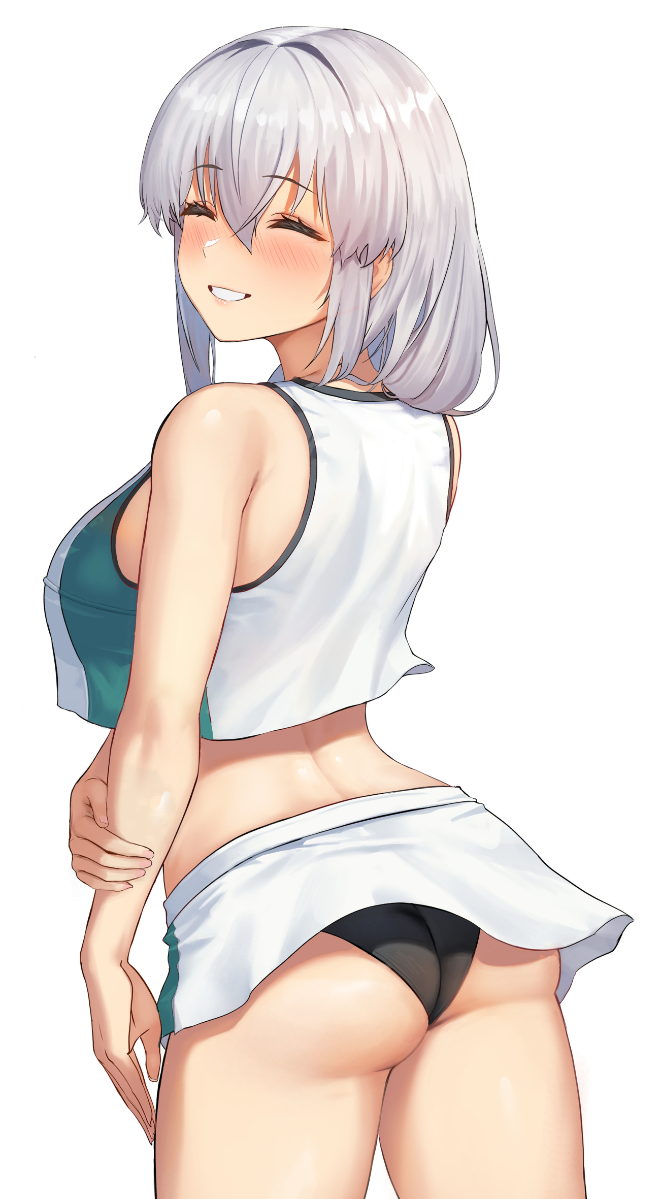 1girls, ass, ass crack, azur lane, back, black panties, blush, breasts, bremerton (azur lane) (cosplay), bremerton (scorching-hot training) (azur lane), butt crack, closed eyes, cosplay, cowboy shot, crop top, crossover cosplay, female, female only, fringe, from behind, fully clothed, highres, k.pumpkin, light skin, light-skinned female, long hair, looking back, mature, mature female, microskirt, milf, miniskirt, mother, panties, shiny, shiny hair, shiny skin, simple background, skimpy, skimpy clothes, skirt, smile, solo, solo focus, tank top, teeth, underwear, uzaki tsuki, uzaki-chan wa asobitai!, white background, white hair