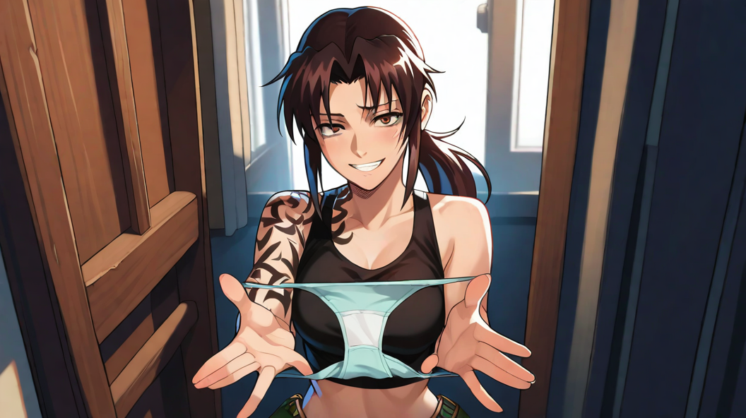 ai_failure ai_generated ai_hands black_lagoon looking_at_viewer revy showing_panties tagme