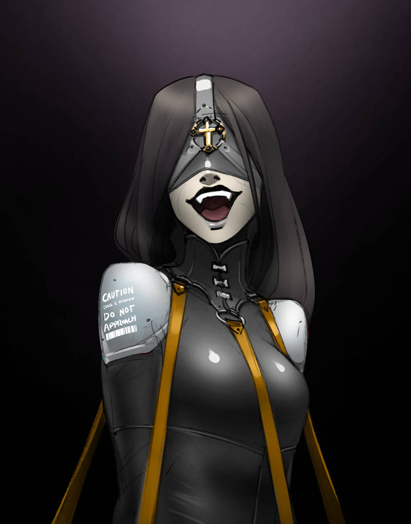 1girls 2019 arms_bound_to_sides ashy_hair black_latex black_lipstick blindfold blindfolded bondage bound_arms christian_cross dark_hair deviantart drymouth fangs female held_down latex latex_bodysuit long_hair no_arms open_mouth pale_skin psudolewd psudonym restrained restrained_arms shiny_latex shoulder_armor small_breasts smile smiling solo solo_female solo_focus straps tagme vampire vampire_girl veins veiny_skin