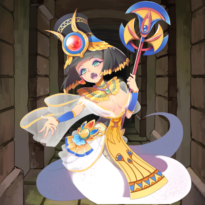 breasts dungeon dungeon_and_girls fangs fully_clothed hat lamia monster_girl open_mouth snake_girl snake_tail staff