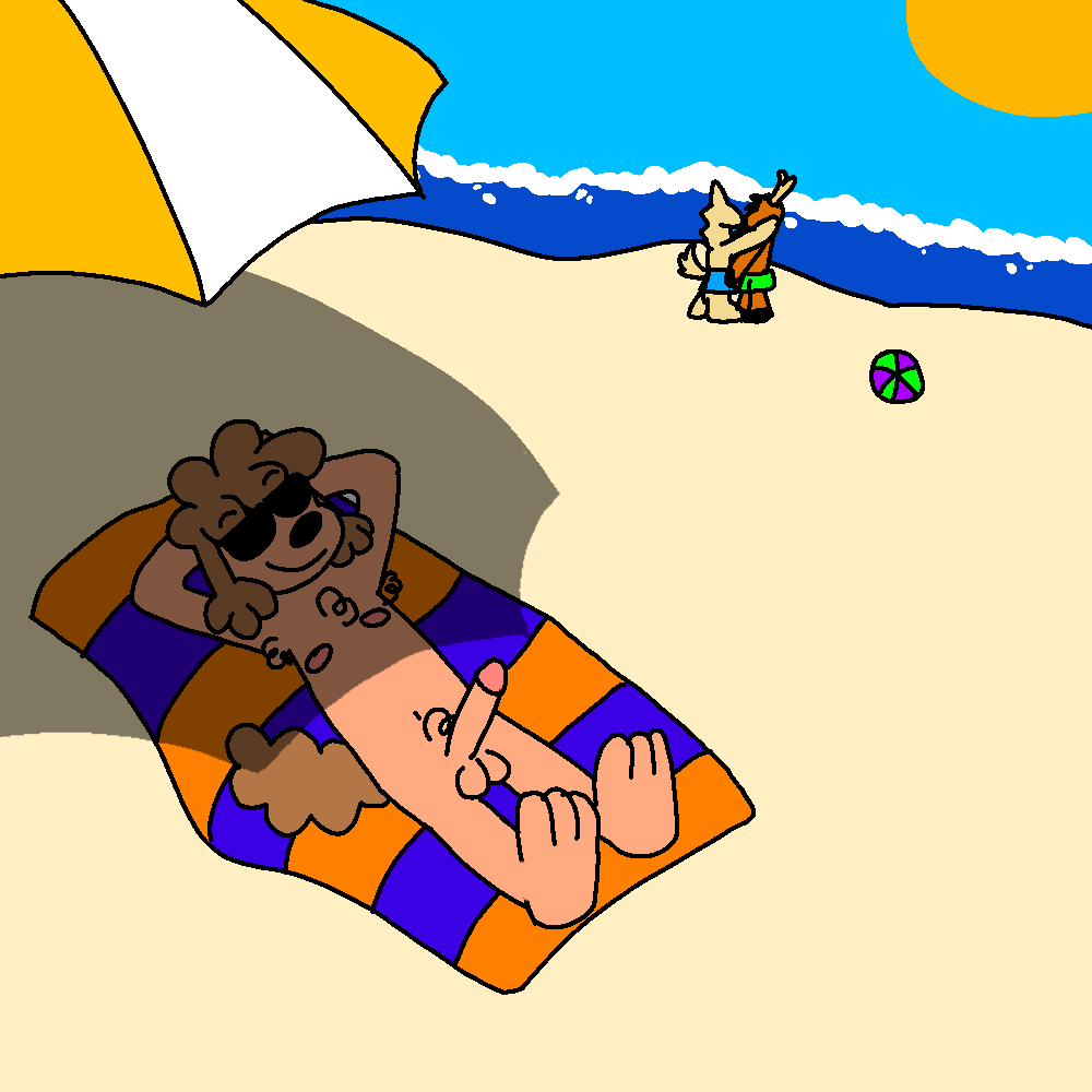 1:1 anthro balls beach body_hair canid canine canis chest_hair domestic_dog duo ferris_(normalsville) genitals harrod_(normalsville) humanoid kiss_on_lips kissing leo_(normalsville) male male/male mammal musky_armpit musky_balls nipples normalsville nude penis ratloverr solo