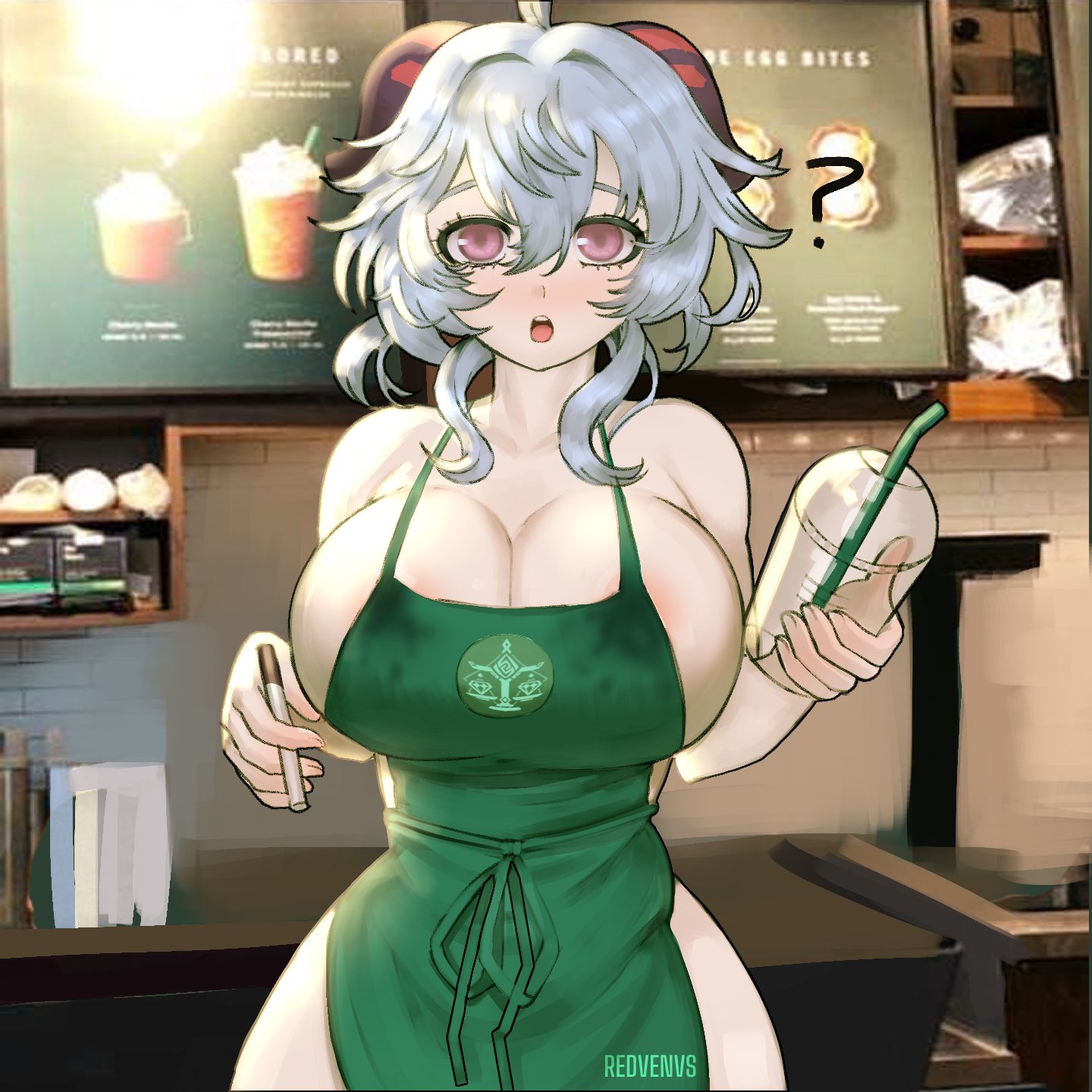 apron, apron only, blue hair, breasts, cleavage, coffee, female, ganyu (genshin impact), genshin impact, horns, huge breasts, iced latte with breast milk, meme, redvenus, thick thighs, wide eyed