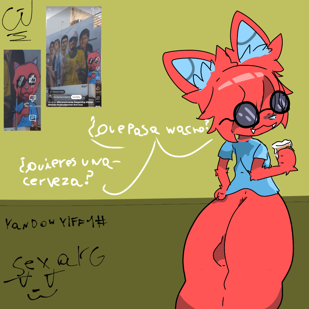 1anthro 1boy argentina ass background balls beer blue_shirt furry furry_only glasses mural no_tail red_body red_eyes screenshot simple_background spanish_dialogue spanish_text unknown_character unknown_species