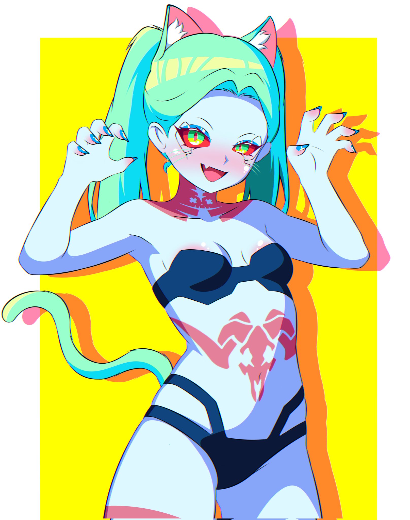b1iz4rd, bra, cat ears, cat girl, cat tail, catgirl, cyberpunk 2077, cyberpunk: edgerunners, female, panties, rebecca (edgerunners), small, tagme, teal hair