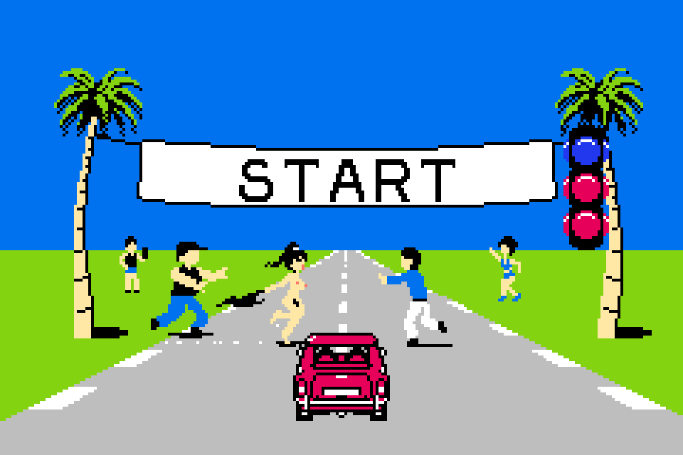 black_hair breasts female female_pubic_hair multiple_boys nipples nude_female pixel_art ponytail public public_nudity saiwai_hiroshi streaker streaking taito_grand_prix undressing