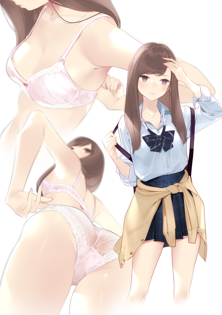 1girls ama_mitsuki bra panties pink_bra pink_panties skirt solo undressing