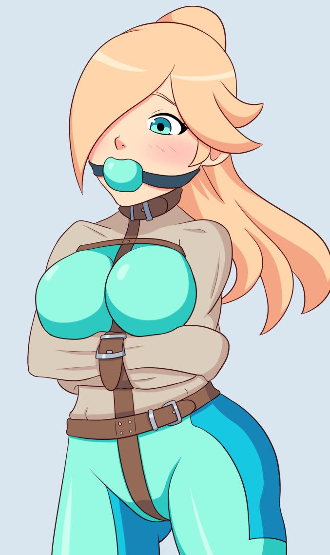 ball_gag blonde_hair blue_eyes bondage bound female female_only femsub fully_clothed gag nintendo png princess_rosalina puffpow shiny_clothes straitjacket tight_clothing