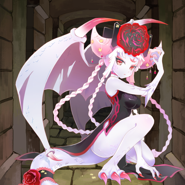 black_clothing breasts clawed_feet clawed_fingers claws dungeon dungeon_and_girls gargoyle horns monster_girl red_claws red_eyes rose_(flower) scale scalie squatting tail white_body white_hair wings